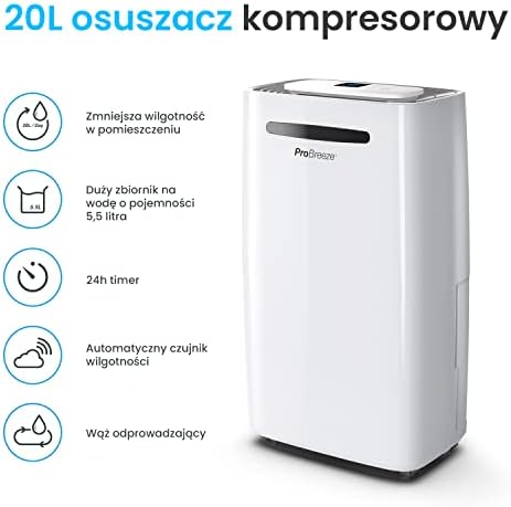 Pro Breeze Osuszacz Powietrza, Elektryczny Pochłaniacz Wilgoci Pleśni Kondensacji, Przenośny Cichy Odwilżacz do Domu Łazienki Garażu Przyczepy Kempingowej, dla Dzieci Niemowląt Zwierząt, 24h Timer, 20l/dobę