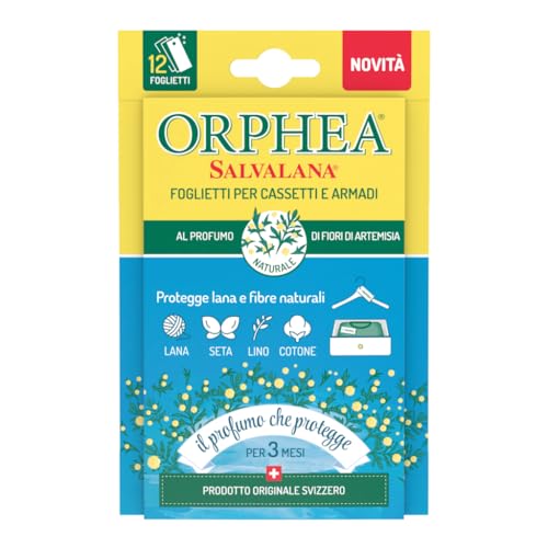 Orphea Salvalana Foglietti per Cassetti E Armadi, Protegge Lana E Vestiti Tutta La Stagione, Profumo di Fiori di Artemisia, 12 Foglietti Emanatori