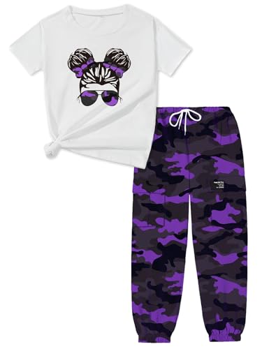 Image of ARTMINE Girls' 2 Piece Outfits Casual Drawstring Jogger Pants and Basic Short Sleeve Top Set, 6-14 Years