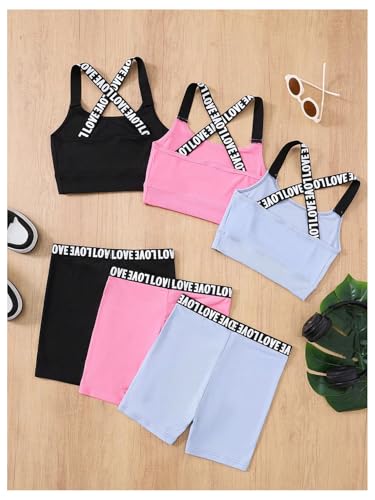 Girl's 6 Piece Workout Outfits Graphic Criss Cross Crop Tank Top and Biker Shorts Athletic Sets2