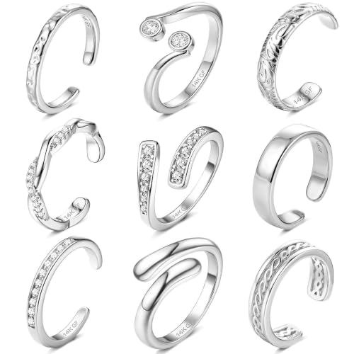 ORAZIO 9 Stück Silber Zehenringe für Damen Verstellbarer Offener Zehenring Set CZ Eingelegte Ring Silber Wasserfest Ringe für Frauen Sommer Strand Fuß Ringe Schmuck