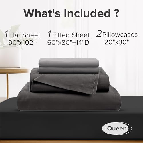Comfort Spaces 100% Cotton Sheets Queen, Breathable, Ultra Soft Cotton Sheets, Naturally Cool Cotton Bed Sheets with 14" Elastic Pocket Fits up to 16" Mattress, All Season Sheet Set, Black 4 Piece