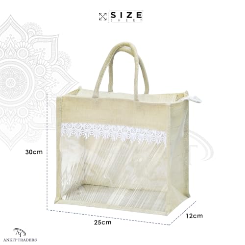 Image of Rishabh Overseas Jute Bags for Women | Eco Friendly Bag with Front Transparent Window | Reusable Tote with Comfortable Handle for Gifting & Shopping | Wedding & Baby Shower Return Gift