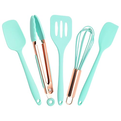 Küchenhelfer Set, Mini 5 teiliges Silikon Kochutensilien Kochbesteck Set,Hitzebeständiger Küchen Zubehör mit Utensilienhalter, Antihaft Kochset Küchenutensilien, Spülmaschinengeeignet