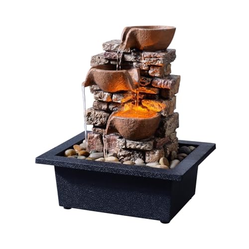 Haobos Indoor Tabletop Fountain 3-Tier Rockery Relaxation, Soothing Sound Home/Office/Bed Room Decor,Gifts for Mom/Grandma Relaxing Waterfall Meditation Tabletop Fountain LED Lights