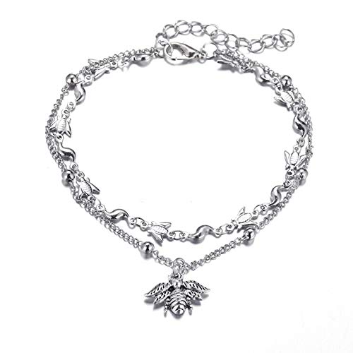 Preisvergleich Produktbild Doppellagige Fußkettchen für Damen, Bienenenmotiv, Silber, verstellbares Armband