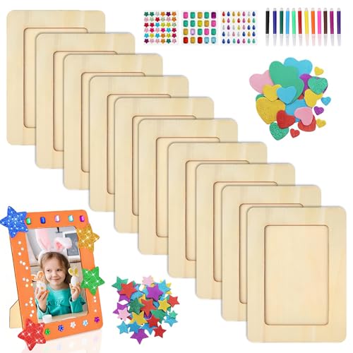 Euablfo 10 Pcs Cadre Photo Bois Kit,Bricolage Cadres Photos pour Enfant,avec Autocollants Diamants Set Paillettes 12 Stylo aquarelle pour Cadres Photo...