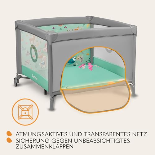 LIONELO MILLE 2-in-1 Baby-Reisebett und Laufstall 100x100 cm bis 15 kg 0-36 Monate Seitlicher Eingang mit Reißverschluss Kinderreisebett mit Matratze Räder mit Bremse einfaches Zusammenklappen