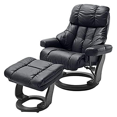 Robas Lund Relaxsessel Calgary XXL mit Hocker, bis 180 kg belastbar, Echtleder schwarz, Gestell Holz schwarz, ‎64038SX5