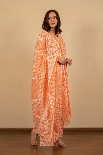 Image of MIRCHI FASHION Pure Cotton Women Straight Print & Thread Embroidery Kurti Set with Dupatta & Pant