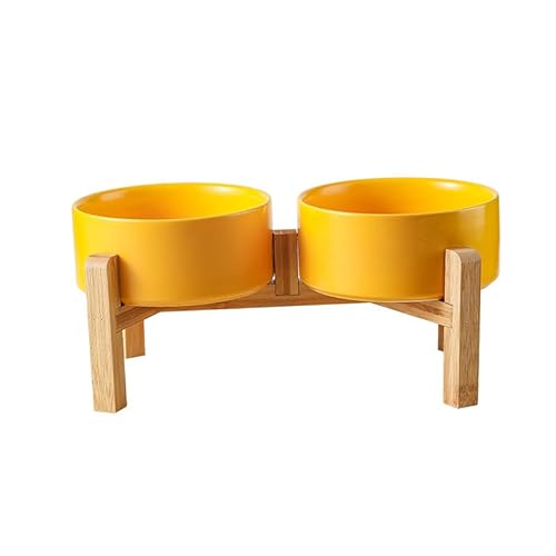 セラミック猫ボウル猫フードボウル猫フードボウル犬ボウル犬ボウル飲料水ボウルダブルボウル保護頸椎ブラックペットボウル (黄色の法海ボウル-高さの二重木枠,15.5CM/850ML)