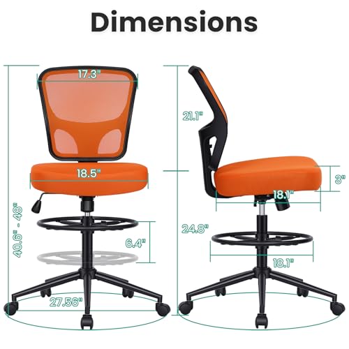 Image of Armless Drafting Chair Tall Office Chair for Standing Desk - Adjustable Height Mesh Ergonomic Drafting Stool with Foot Ring & Wheels, Rolling Counter Height Computer Chair for Home Office