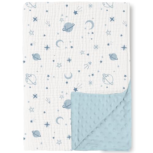 Image of Konssy Baby Blankets for Unisex Boys Girls, Super Soft Nursery Minky Blankets with Muslin Cotton Front and Dotted Fleece Backing, Printed Bed Throws Newborn
