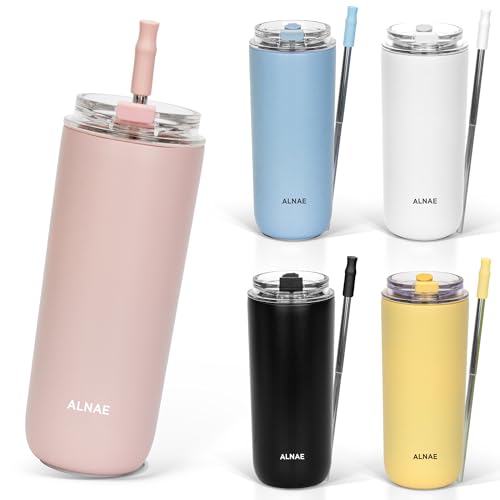 ALNAE タンブラー 500ml 水筒 可伸縮ストロー付き 直飲み 蓋付き こぼれない 二重構造 保温保冷 持ち運び アウトドア プレゼント用 女の子 男の子 5色