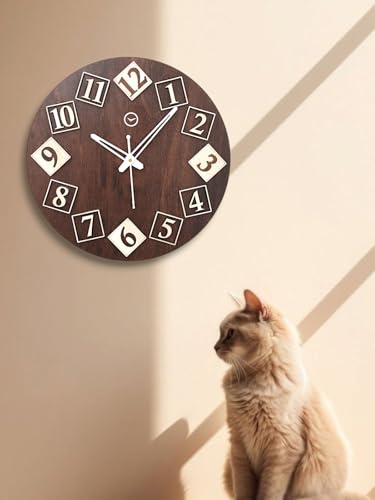 Image of cozyloom Antique Wooden Analog Wall Clock - Rustic Vintage-Style Classic Timepiece with Bold Number Blocks &Home, Living Room, Office Decor