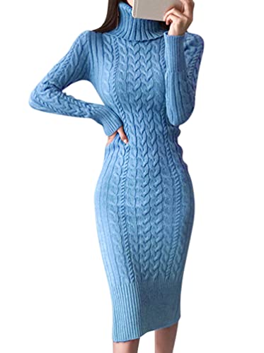 Minetom Damen Strickkleid Rollkragen Herbst Winter Sexy Langarm Midi Kleid Pulli Langes Kleid Slim Pulloverkleid Bodycon Warm Wickelkleid A Blau XS