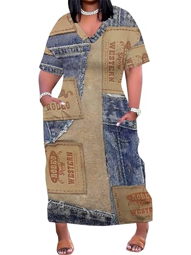 Image of SUZONANA Plus Size Denim Print Maxi Dresses for Women Casual V Neck Short Sleeve with Pockets Soft Jean Look Dress XL-6XL