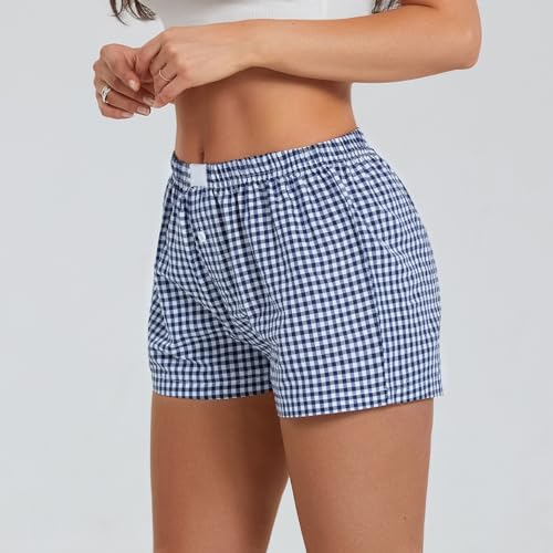 Image of Women Y2k Plaid Elastic Waisted Gingham Pajama Shorts Boxers Lounge Sleep Bottoms