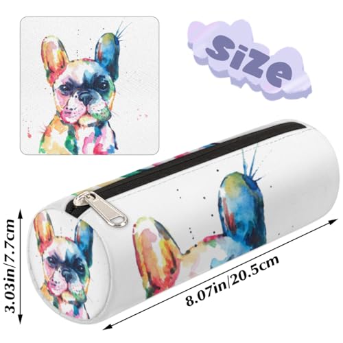 Image of Watercolor French Bulldog Canvas Pencil Case Bag, Dog Pattern Cylinder Zippe Pencil Case Storage Pouch Simple Stationery Bag for Middle High School Office College Student