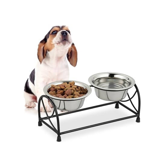 Relaxdays Ciotole Rialzate per Cani di Piccola Taglia, Alzatina con 2 Scodelle in Acciaio Inox, 400 ml, Nero Argento, Ferro