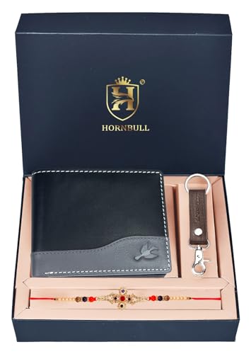 Image of HORNBULL Rakhi Gift Hamper for Brother - Buttler Black Men's Leather Wallet, Keyring and Rakhi Combo Set for Brother | Wallet with Rakhi