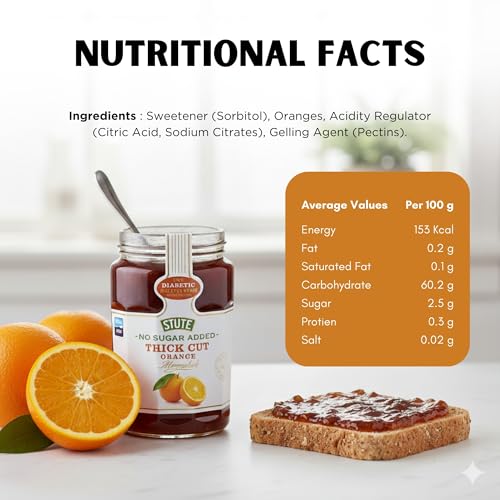 Image of Stute Thick Cut Orange Marmalade 430g, No Sugar Added, 90% Less Sugar & 30% Less Calories, Diabetic Friendly, Imported from UK