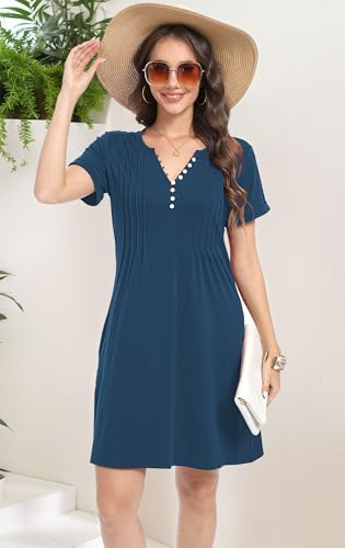 Soesdemo Womens Summer Dresses Short Rolled Sleeve Pleated Button Down V Neck Casual Beach Shift Sundresses with Pockets4