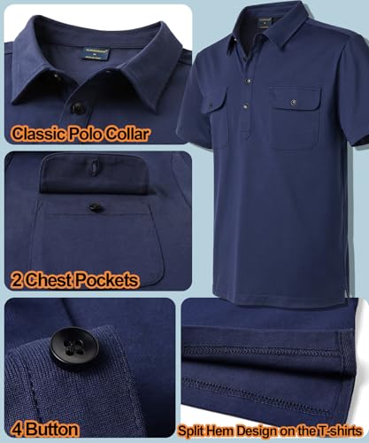 Mens Short Sleeve Polo Shirt Cotton Golf T-Shirt Work Shirts with 2 Pockets2