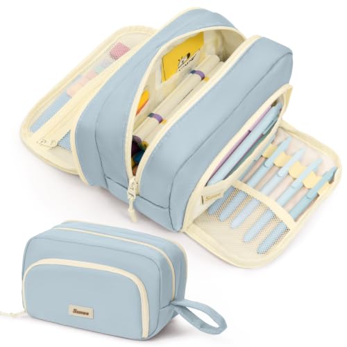 Image of SUNEE Large Pencil Case, Big Capacity Pen Pouch with 3 Compartments, Kawaii Cute Pencil Bag with Zipper, High Storage Stationery Holder and Organizer, School Supplies for Teen and Adult Girls, Blue
