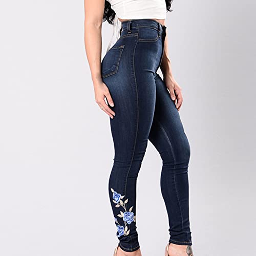 Women's Embroidered Stretch Denim Trousers High Waist Floral Hole Pencil Jeans Rose Distressed Ripped Jeans Trouser2