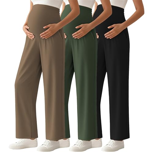 Ecavus 3-Pack Women's Maternity Pants Over Belly Soft Lounge Palazzo Pants Stretch Wide Leg...