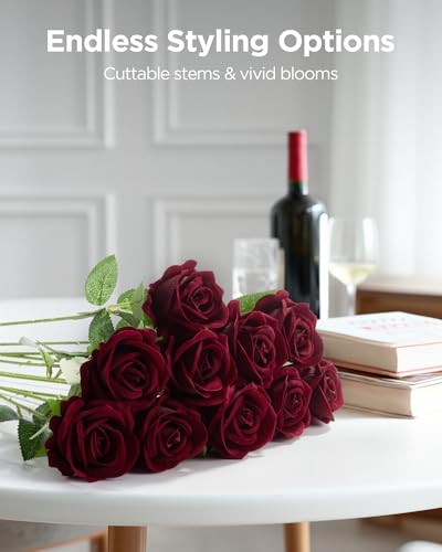 Image of InnoGear 50 Pcs Burgundy Roses Artificial Flowers, Fake Velvet Silk Red Rose Bulk Faux Flower for Decoration Wedding Centerpieces Proposal Bridal Bouquets Shower Party Home Floral Decor (50, Burgundy)