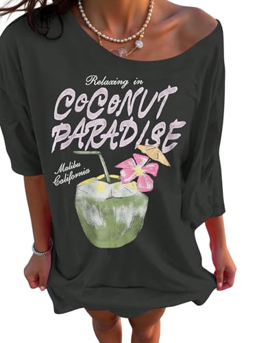 Image of SXV STYLE Women's Casual Letter Print Asymmetric Neck Loose Short Sleeve T-Shirt,