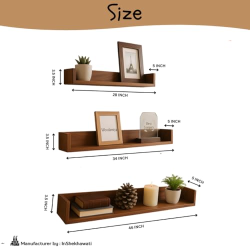 Image of Solid Wood Floating Wall Shelves (Set of 3) | Premium Wooden Wall Mounted Shelves for Living Room, Bedroom & Office Decor | Teak Finish | 28 /34 /46 Inch