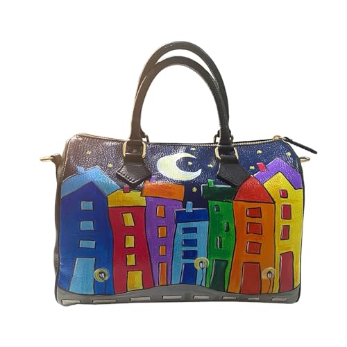 Arte Lisanti Sac en cuir peint à la main – CARTOON CITY NIGHT EVOLUTION – à la main, en bandoulière, sac bowling femme, idée cadeau, artisanat italien,...