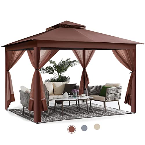 Gazebo, CBBPET 11'x 11' Pop Up Gazebo with Mosquito Netting, Outdoor Canopy with Double Roof Tops and 121 Square Feet of Shade for Patio, Group Gatherings, Camping Shelter (Brown)