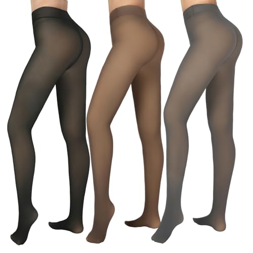 Image of X-CHENG 3 Pairs Fleece Lined Tights - Winter Warm Fake Translucent Tights Sheer Thermal Pantyhose Leggings for Women