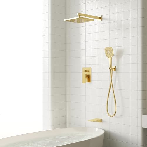 Image of Gabrylly Shower System with Tub Spout, Wall Mounted Shower Faucet Set for Bathroom with High Pressure 10 inch Rain Shower head and 3-Setting Handheld Shower Head Set,Brushed Gold