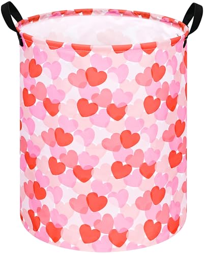 Image of Round Valentine's Heart Pattern Laundry Hamper Clothes Storage Basket Fabric Storage Hamper Organization Storage Bin, Nursery Box,Gift Basket with Handles