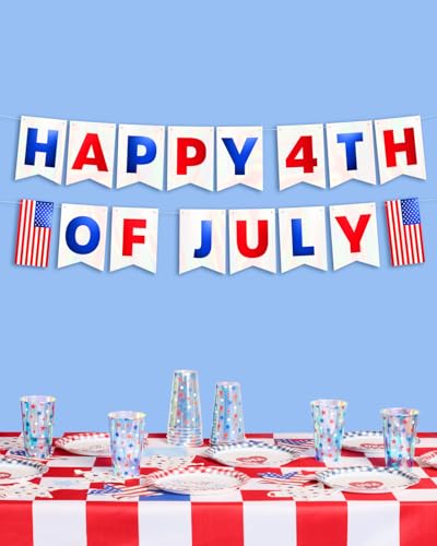 Image of xo, Fetti Happy Fourth of July Foil Flag Banner - 5 Ft., Foil | USA Party Favors, American Flag Party Supplies, 4th of July Decorations, Stars and Stripes Decor, Red White and Blue Merica Decor, Patriotic Photobooth Backdrop