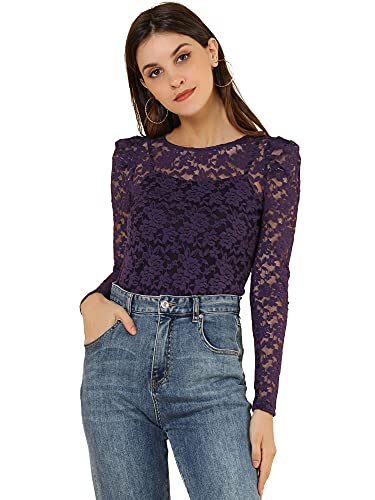 Image of Allegra K Women's Long Sleeve Blouse Vintage Semi Sheer Puff Sleeve Elegant Lace Top Purple 16