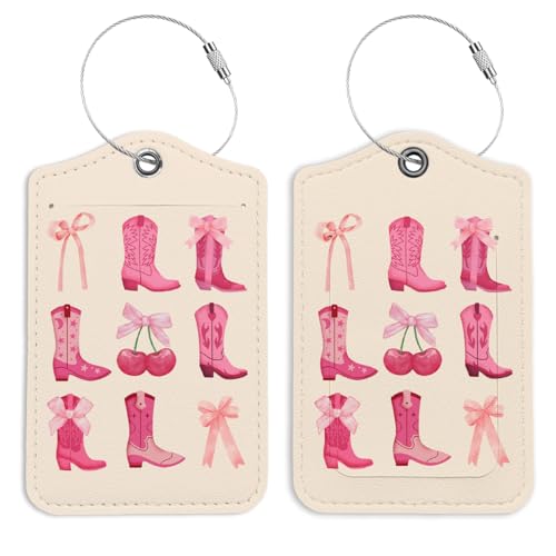 Pink Bow Cowgirl Boots Luggage Tags for Suitcases, Preppy Luggage Tag Cute, TravelTags, Back to School for Students, Trendy Girly 2 Pack Travel Luggage Tags, Teen Girls Gifts Suitcase Tags