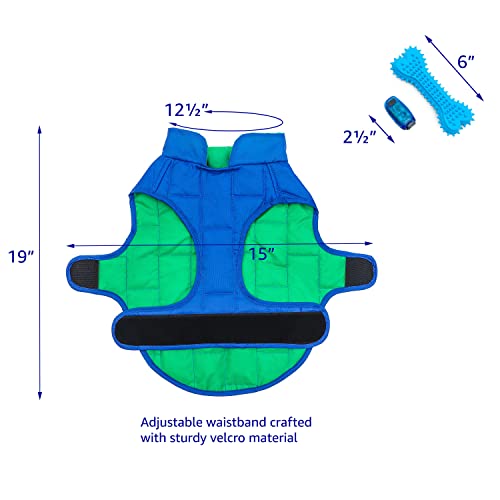 Pet Fit For Life New Waterproof Quilted Dog Jacket - Reversible And Adjustable Puppy Rain Coat And Cold Weather Vest With Matching Clip Light And Chew Toy - Blue/Green, Small #TOP2