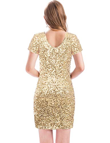 Image of MANER Women's Sequin Glitter Short Sleeve Dress Sexy V Neck Mini Party Club Bodycon Dresses