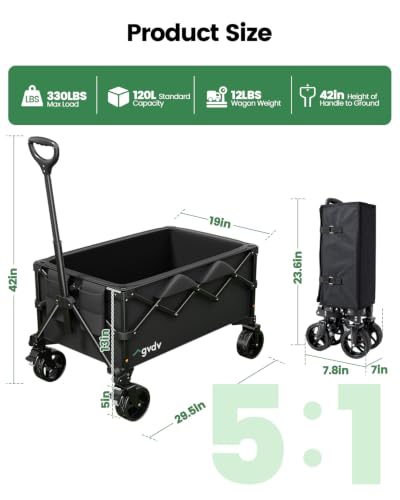 Image of GVDV CW35 Wagons Carts Foldable, 42 in Extended Handle Collapsible Wagon | 330LBS Heavy-Duty Shopping Cart with Drink Holders, 120L Utility Folding Wagon for Grocery, Sports, Camping, Garden, Outdoor