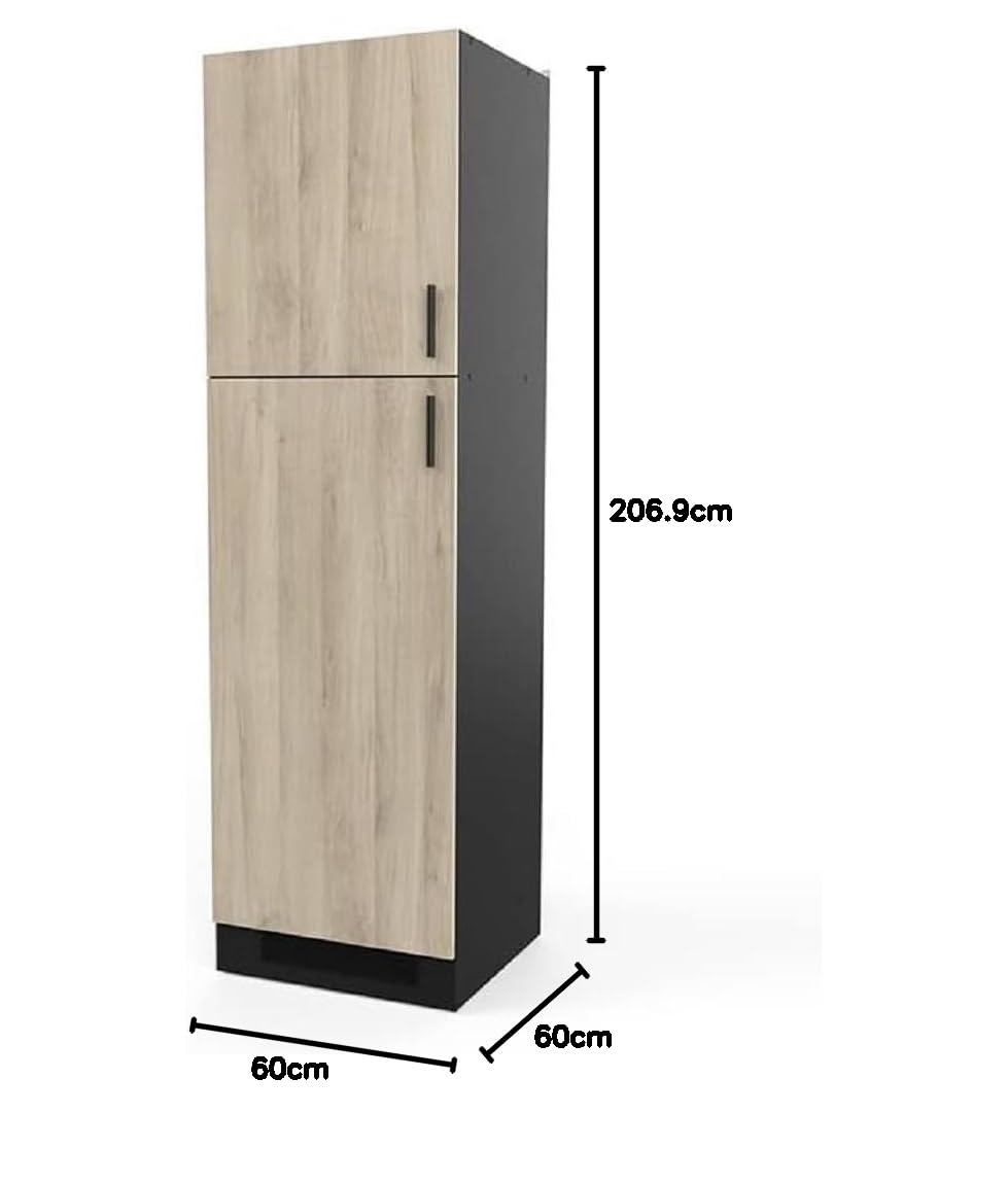 Colonne De Cuisine 2 Portes Style Industriel – Origan – Coloris Noir Mat & Chêne Kronberg - 60 x 60 x 207 cm
