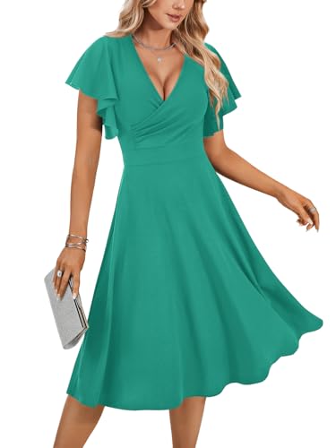 Image of LYANER Women's Warp V Neck Ruffle Short Sleeve A Line Swing Flared Cocktail Party Midi Dress