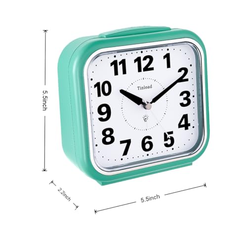 Image of Tinload 5.5 inch Large No Ticking Analog Alarm Clock,Silent Readable for Seniors,Easy to Set,Gradual Rise Alarm,Big Numbers,Gentle Wake,Snooze, Lighted on Demand,Battery Operated,Green