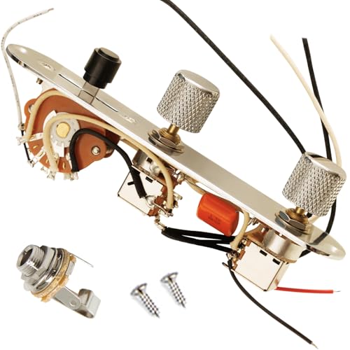 Prewired Harness Kit for Telecaster Tele Guitars, Loaded 9-Tone Series Parallel Wiring Control Plate, 250K Push Pull Potentiometers, 3-Way Pickup Blade Switch, .047uF Capacitor, Knurled Metal Knobs