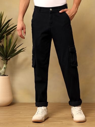 Image of KOTTY Mens Solid|Mid Rise| Utility Pocket|Button|Ankle Length Cargo Jeans